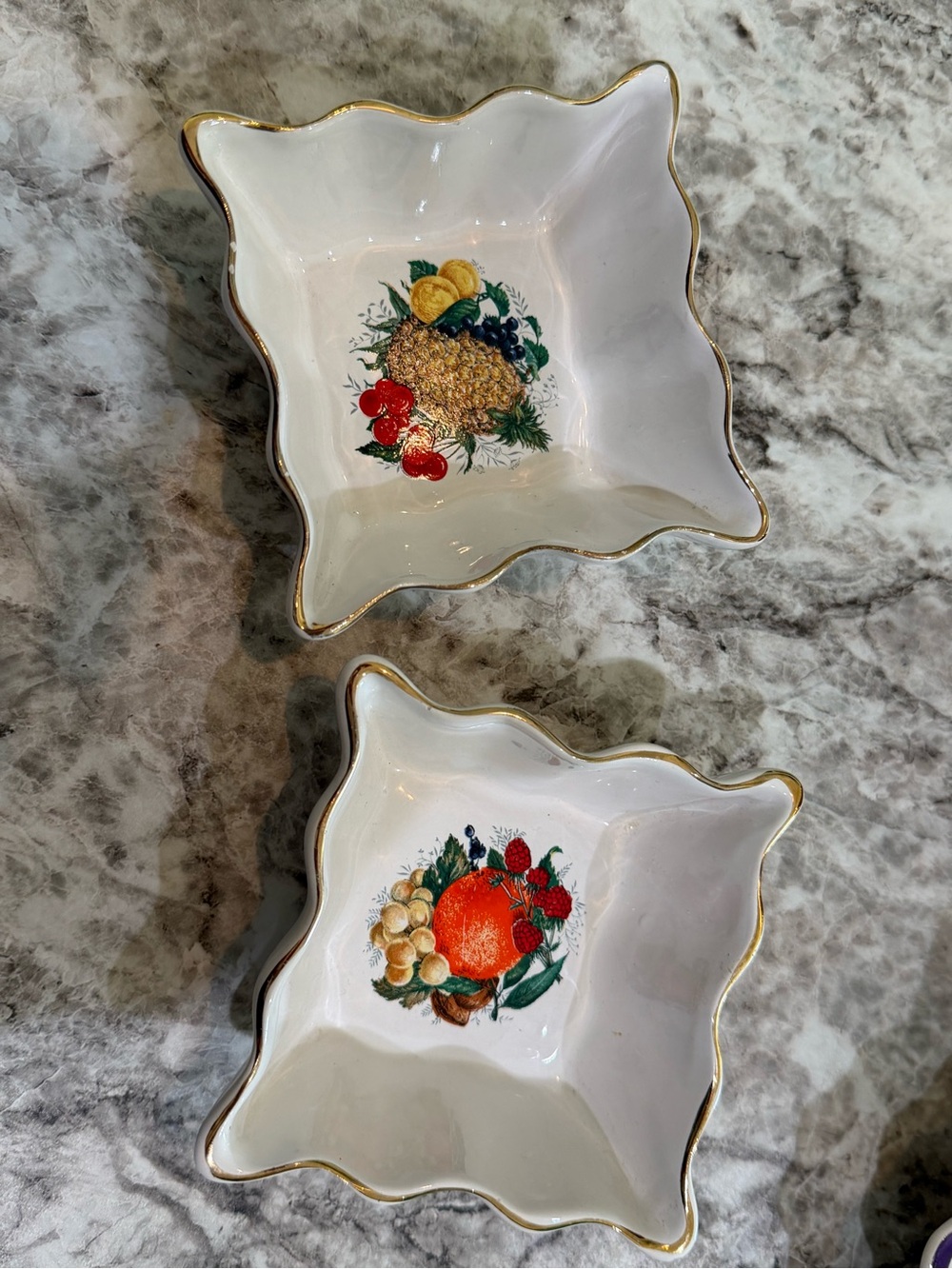 White Porcelain Fruit-Accent Scalloped Serving Bowls with Gold Trim - Set of 2